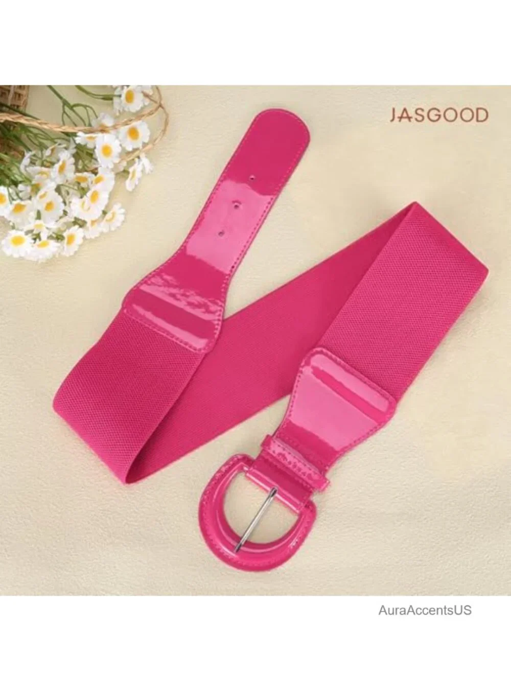 Vintage Chunky Buckle Wide Stretch Belt Patent Leather Elastic Waist Belt for